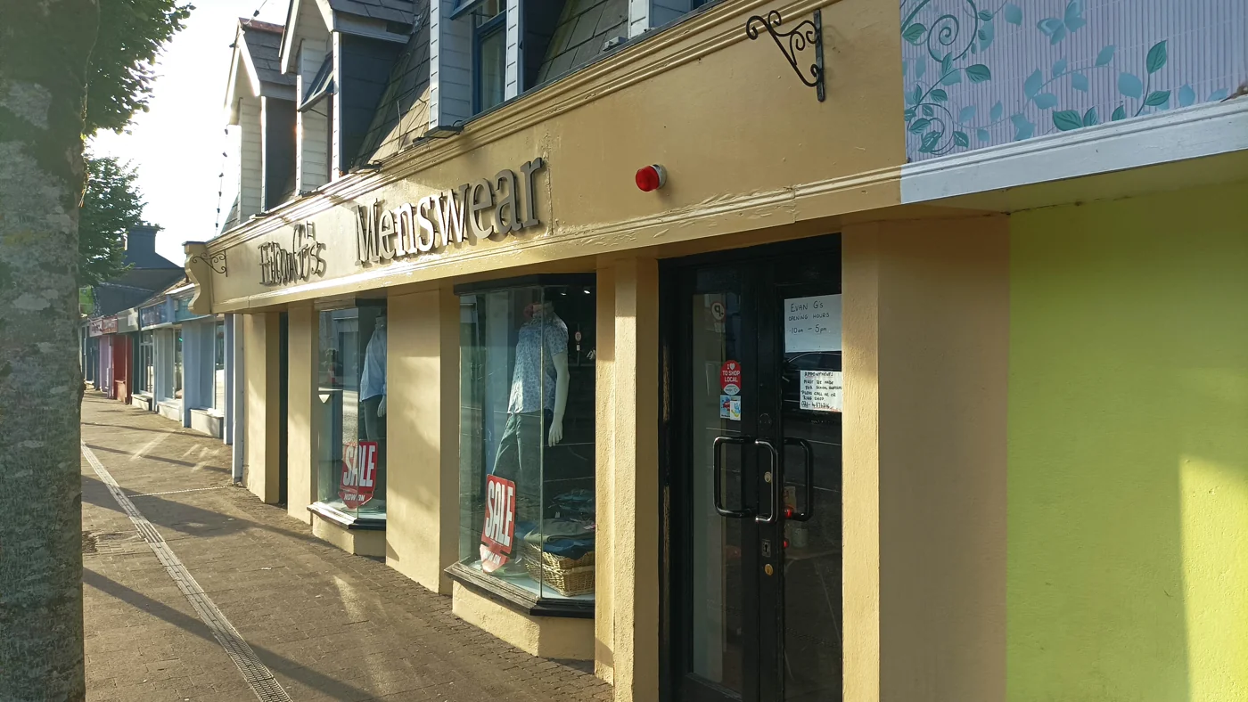 Evan G’s Menswear shopfront in Ballincollig, with its sign, display windows and entrance